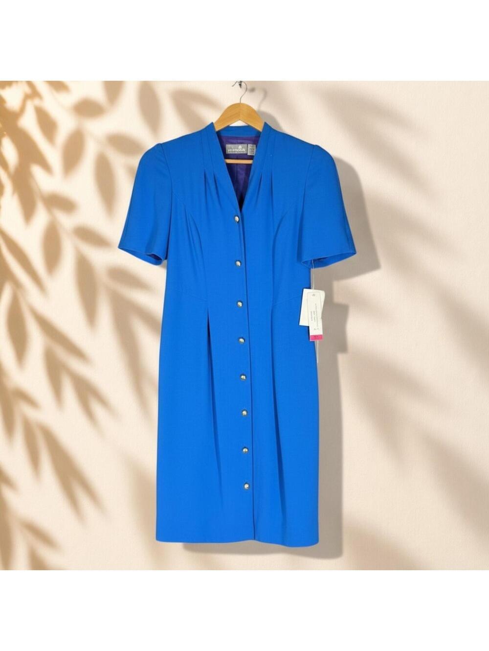 New Liz Claiborne Dress Women 4 Blue Shift Midi Button V-Neck Short Sleeve